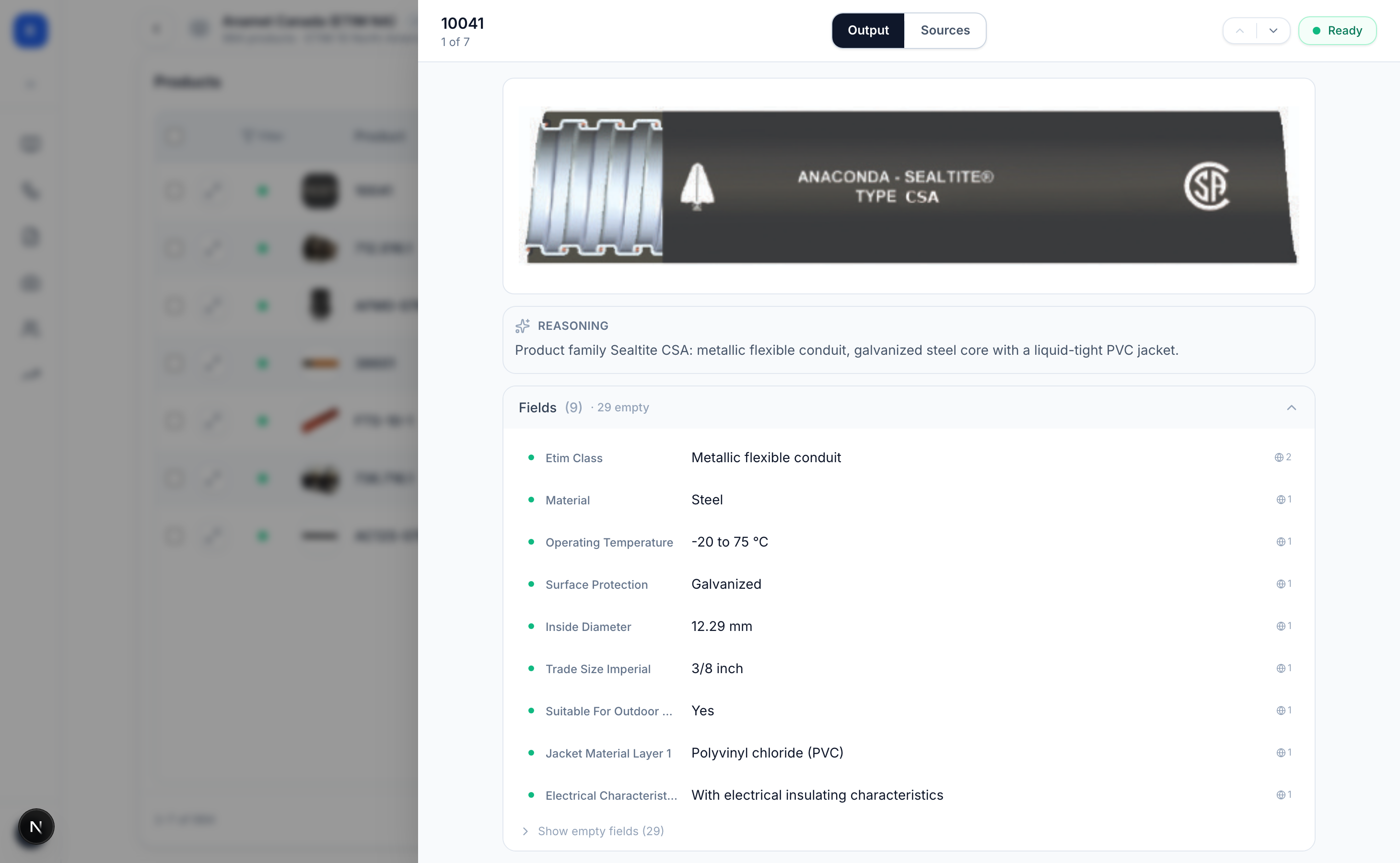 A product with a source and confidence score on every ETIM value