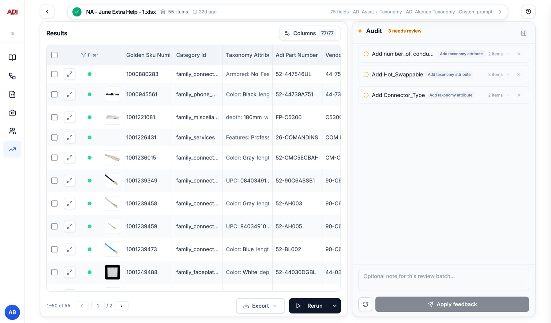 The Audit panel with three taxonomy suggestions and the Apply feedback button
