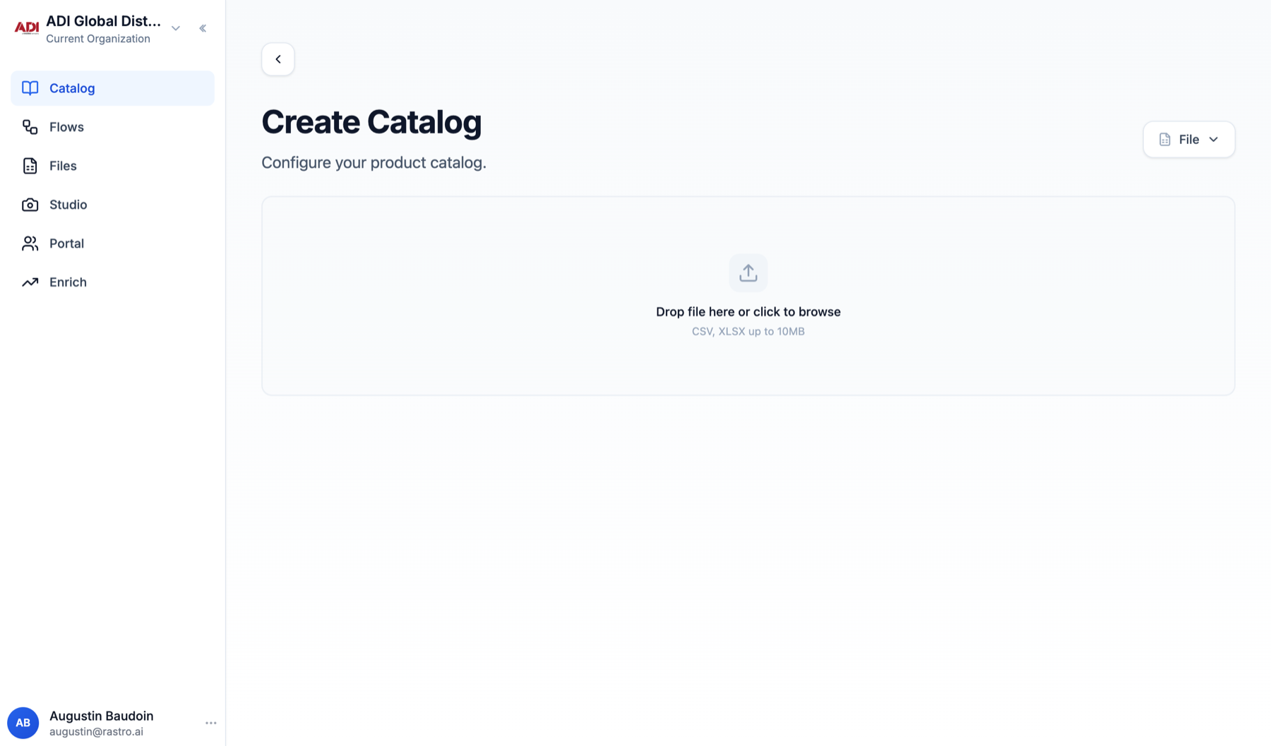 The Create Catalog page with a file dropzone and an import source selector