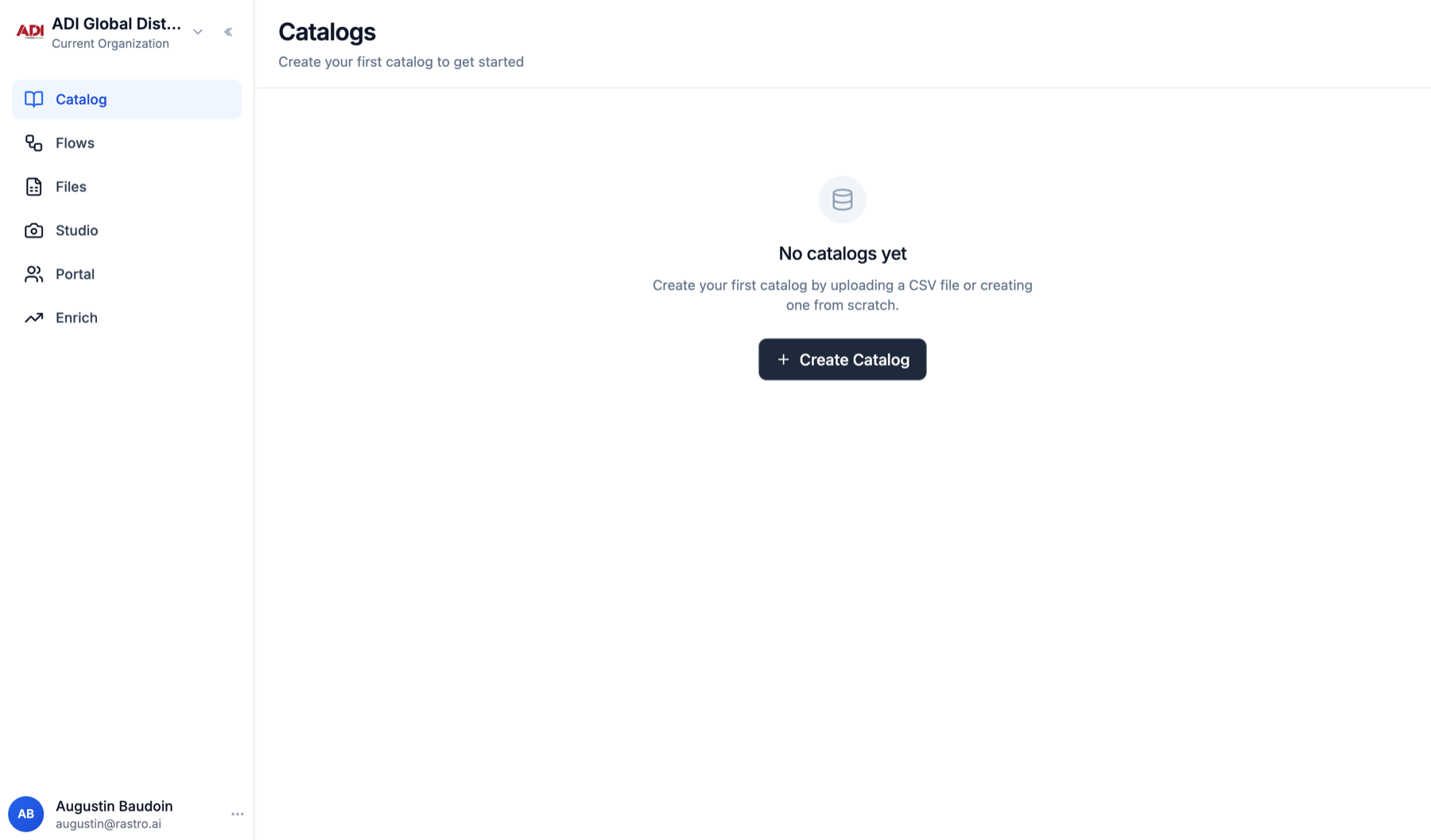 The Catalog tab before any catalog exists, with the Create Catalog button