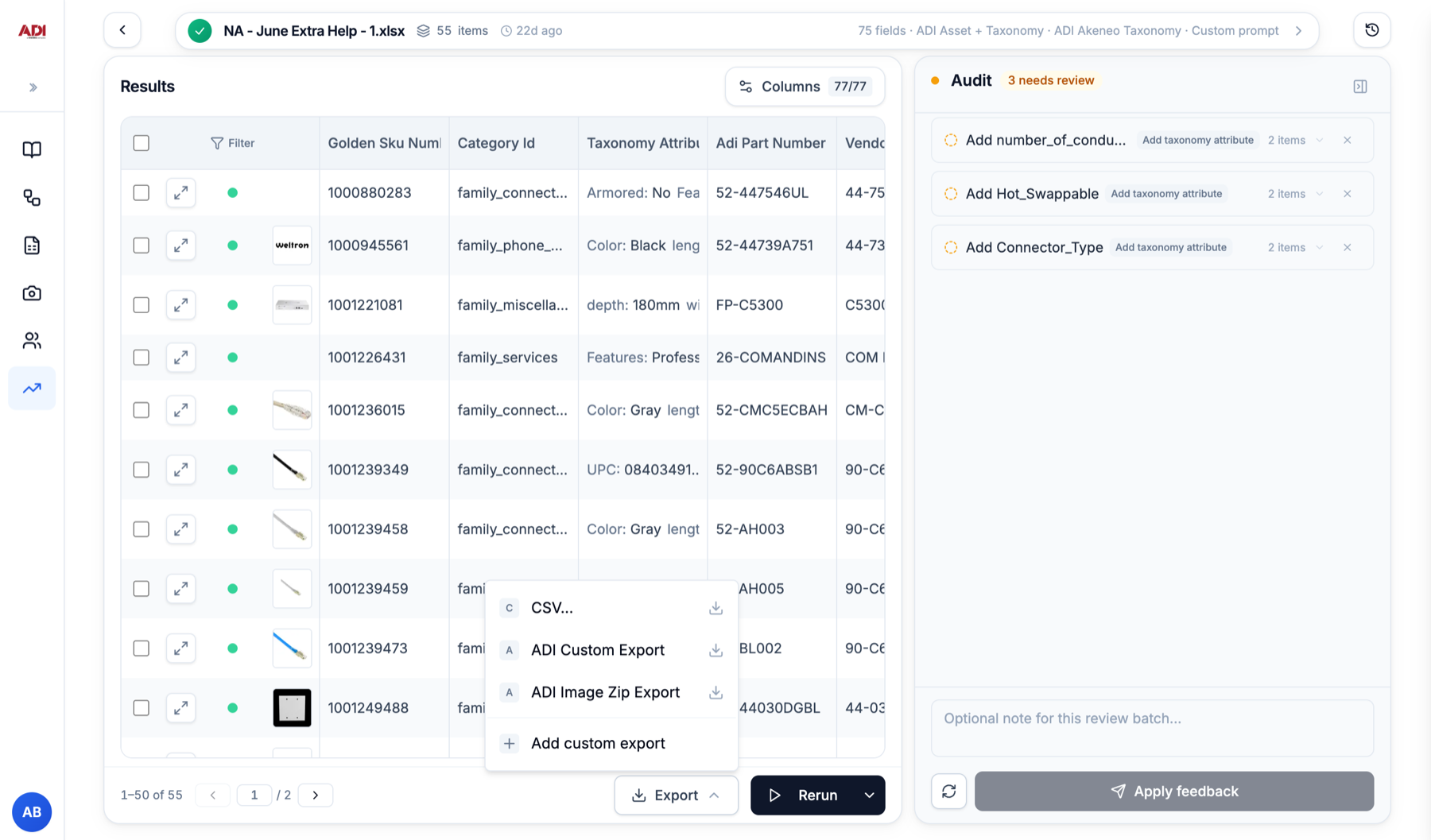 Export menu showing CSV, ADI Custom Export, ADI Image Zip Export and Add custom export