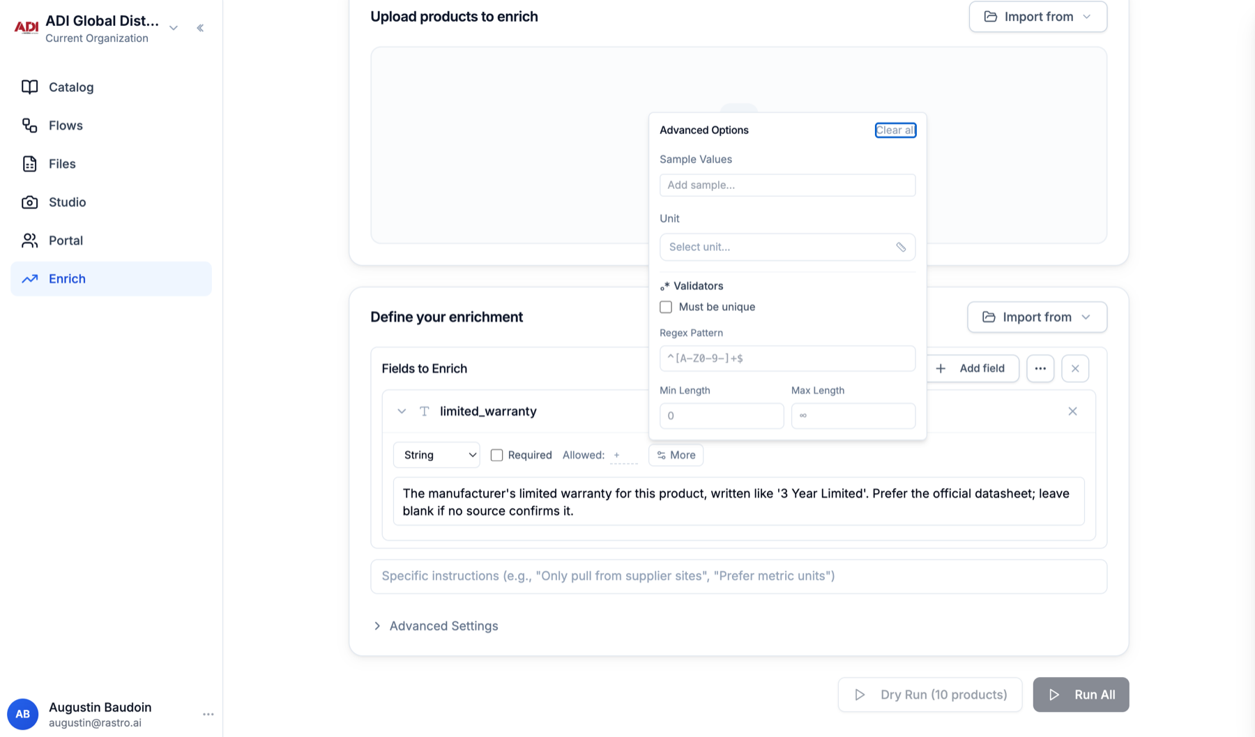 The More popover on a field: sample values, unit, validators