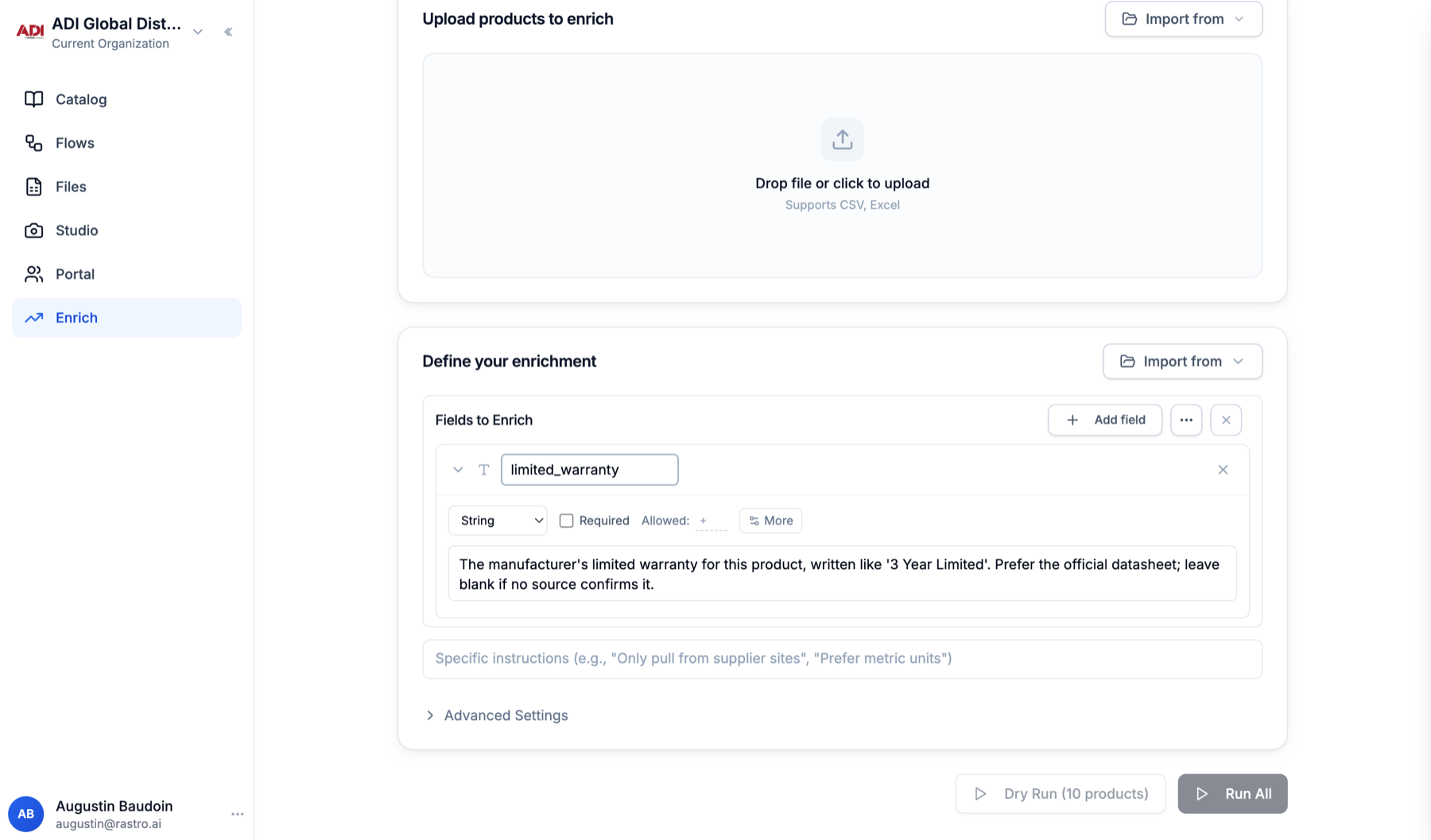 A field being defined: name, type dropdown, Required, Allowed values, More, and a description