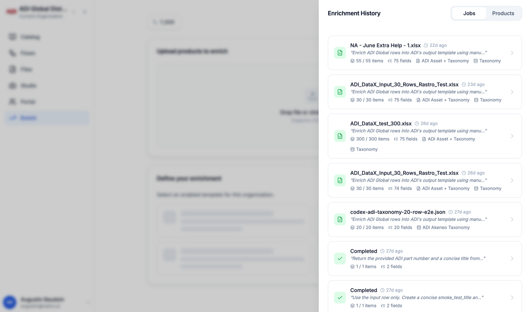 Enrichment History listing past jobs with counts and templates