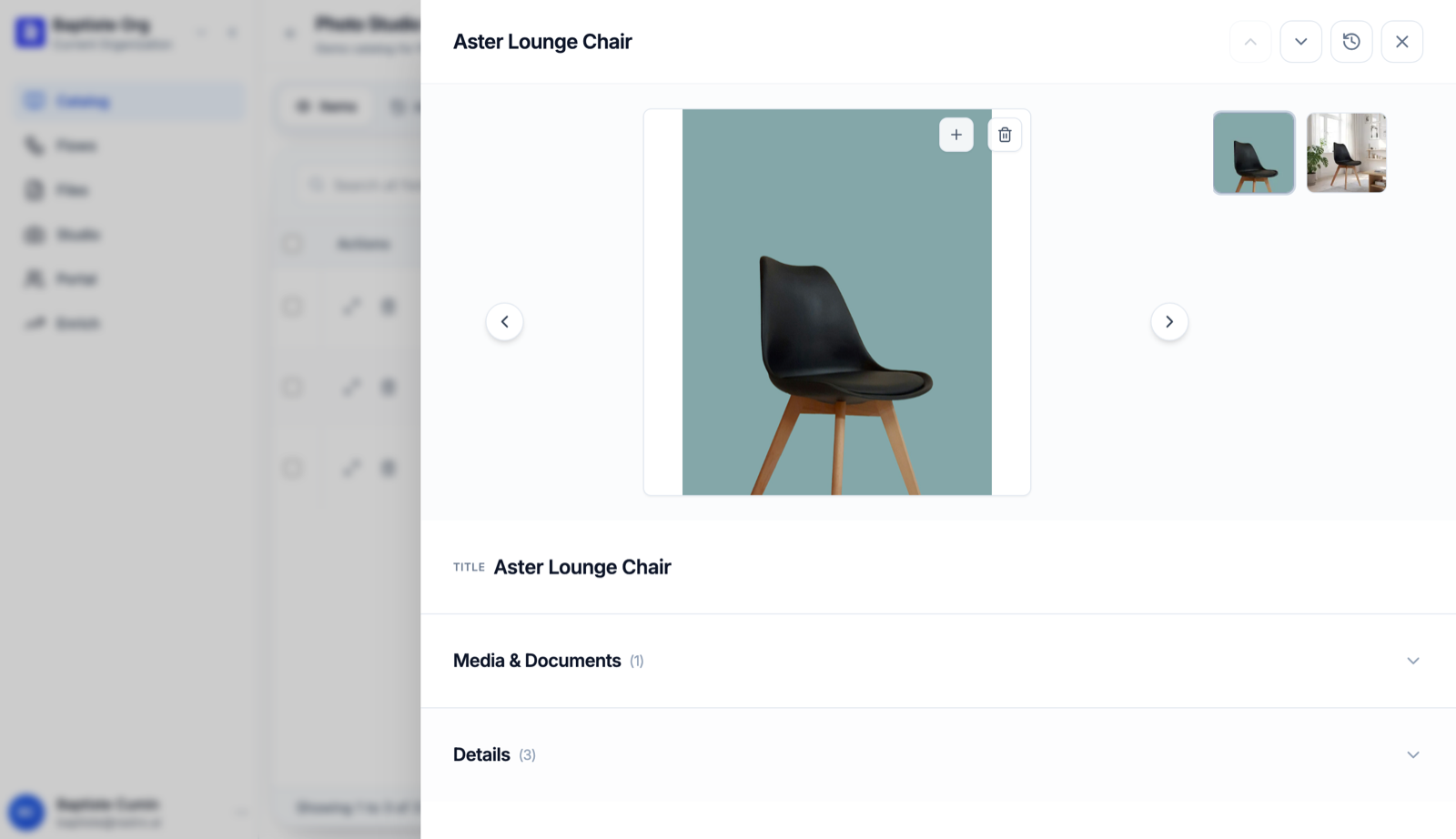The catalog item after saving: original studio photo plus the generated lifestyle image side by side in its gallery