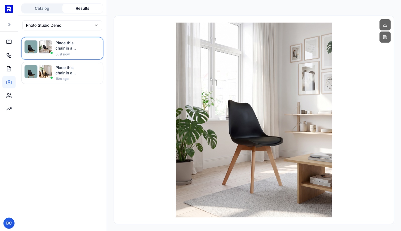 A finished edit on the canvas: the chair composited into a bright living room, with download and save buttons top right