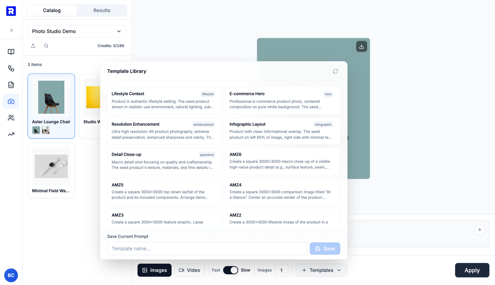 The Template Library with ready-made prompts and a field to save your own