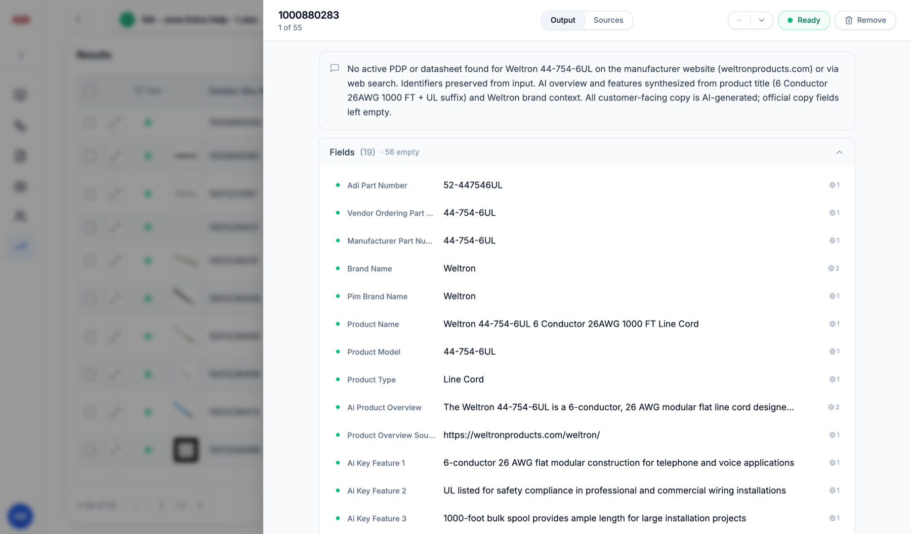 Product detail, Output tab: explanation plus every enriched field, with arrows to step between products