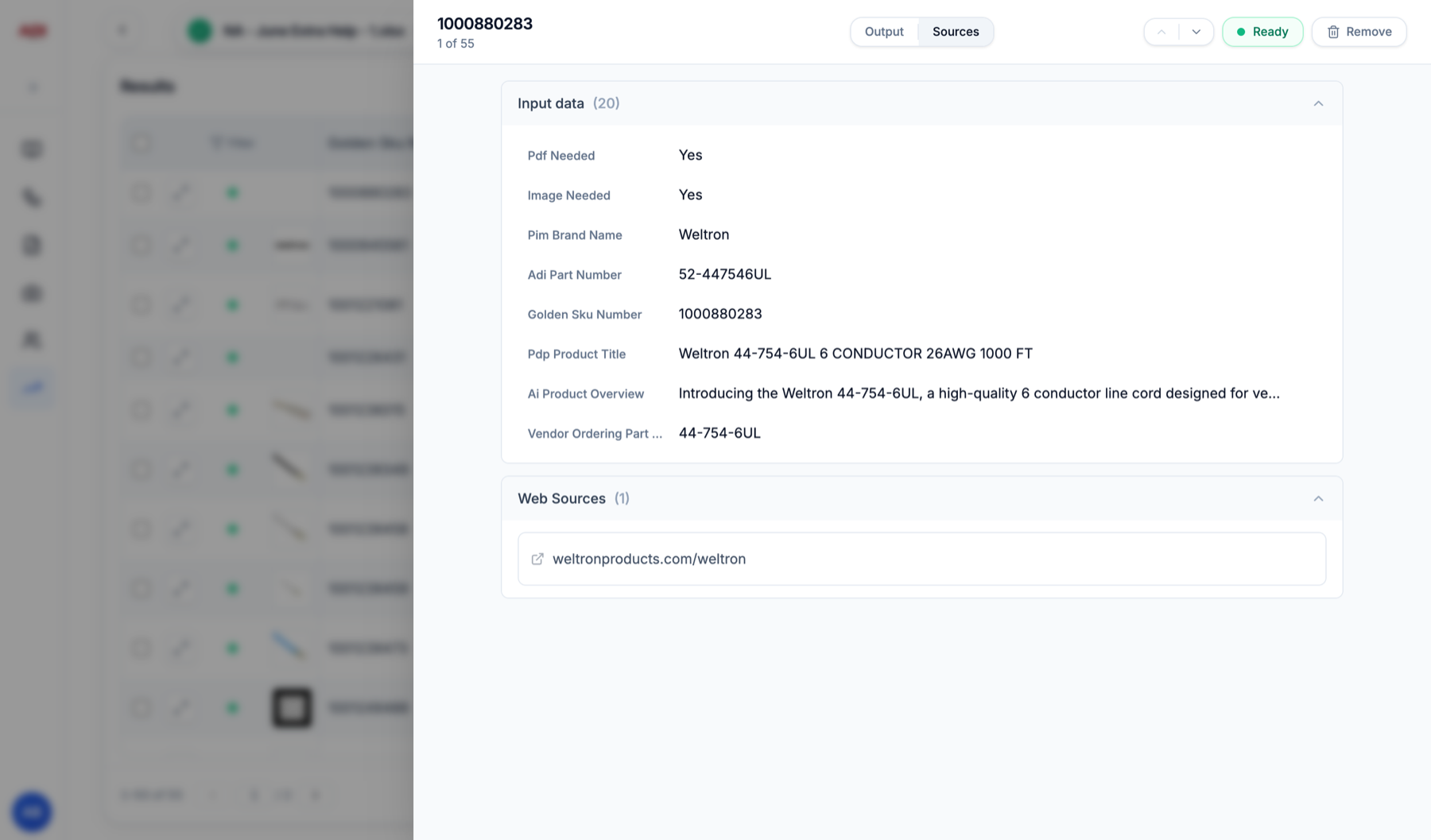 Product detail, Sources tab: input data and cited web sources