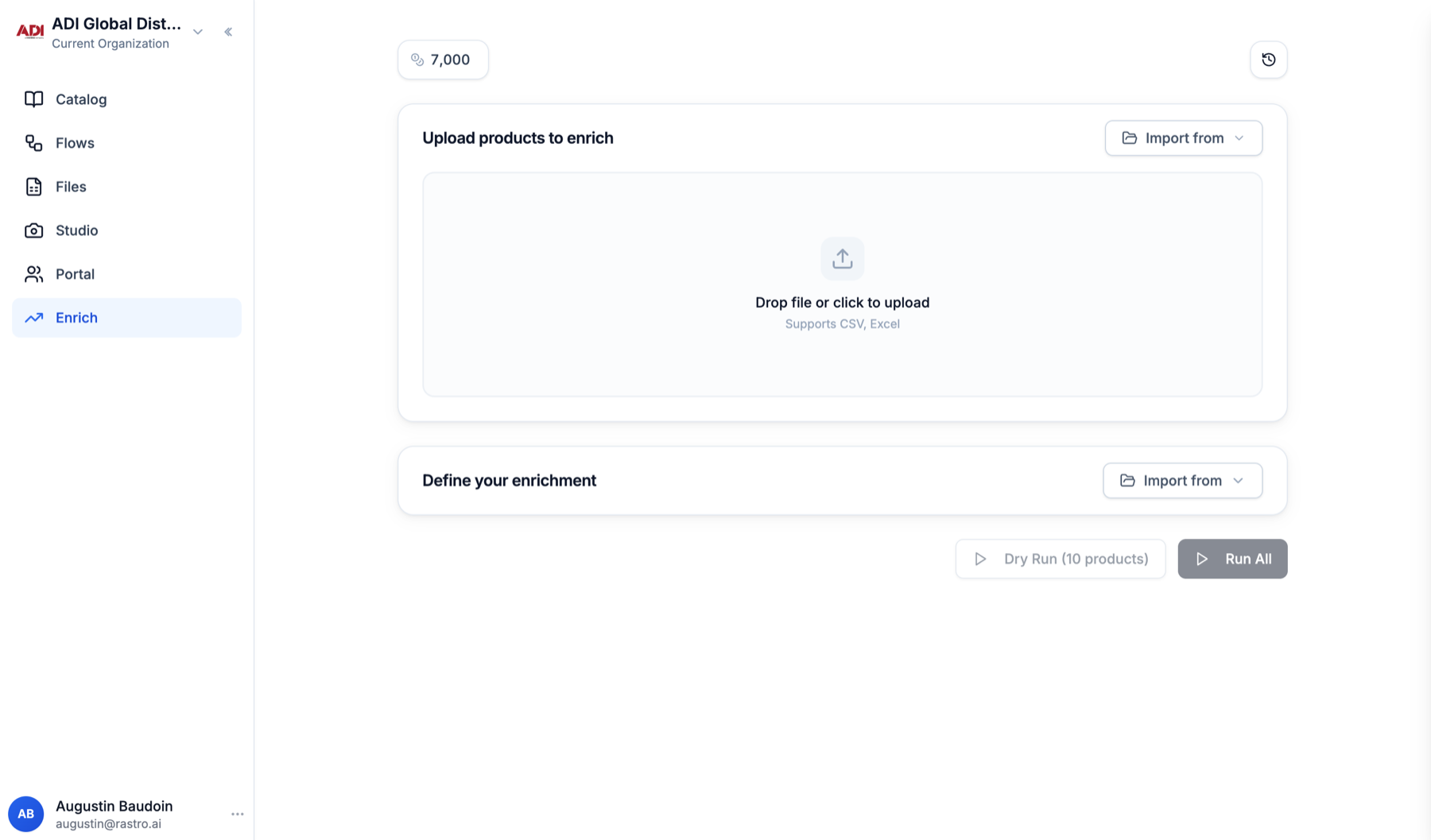 The Enrich setup screen: upload card, Define your enrichment card, Run All button