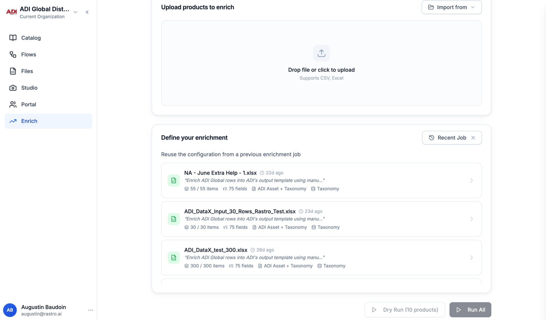 Import from Recent Job: reuse the configuration from a previous enrichment job